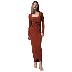 trend arrested women39s bodycon midi dress  square neck wrap style  stretchable  full sleeve fitted dress for party evening casual outings amp date night