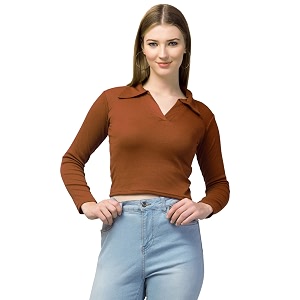 Ribbed Polo Collar Full Sleeves Tops for
