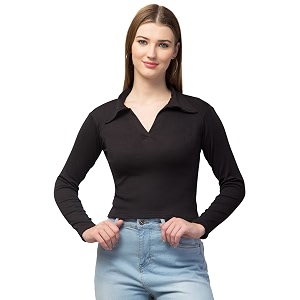 Ribbed Polo Collar Full Sleeves Tops for
