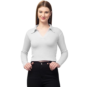 Ribbed Polo Collar Full Sleeves Tops for