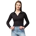 Ribbed Polo Collar Full Sleeves Tops for