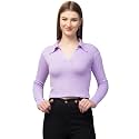 Ribbed Polo Collar Full Sleeves Tops for