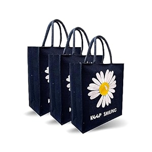 trendy jute bags eco-friendly jute bags tiffinshopping grocery multipurpose hand bag with zip amp handle for men and women flower printed black combo of 3