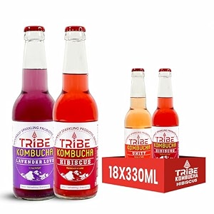 tribe kombucha naturally sparkling probiotic super drink hibiscuslemonblue pea flower amp lavender  gut friendly  gluten free  immunity booster  antioxidant and hydration  pack of 18 330 ml