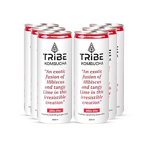 tribe kombucha probiotic super drink  supports gut health  gluten-free  naturally fermented  super refreshing  gut friendly  improves blood sugar  antioxidant and hydration  no added sugar  250 ml x 6 hiiibiscus
