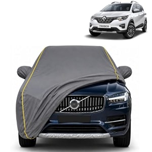 triber 100 waterproof car cover  dustproof sun protection cover  soft cotton lining  triple stitched  mirror pocket  antenna pocket  all weather body cover grey with yellow piping