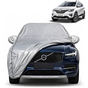 triber 100 waterproof car cover  dustproof sun protection cover  soft cotton lining  triple stitched  mirror pocket  antenna pocket  all weather body cover silver with yellow piping