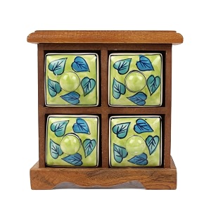 tribes india wooden ceramic chest drawers for small jewellery storage amp multipurpose  jaipur blue pottery 4 drawer green leaf  hand-painted dimension 19cm  14cm  19 cm green leaf
