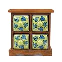 Tribes India Wooden Ceramic Chest Drawers for Small Jewellery Storage & Multipurpose || Jaipur Blue Pottery 4 Drawer Green Leaf || Hand-Painted (Dimension: 19cm × 14cm × 19 cm) (Green Leaf)
