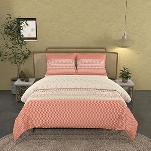 trident king size bedding set 100 cotton 144 thread count 4-piece 1 printed king reversible comforter blanket 1 king bedsheetand 2 pillow covers-sanskriti collection-kantha peach