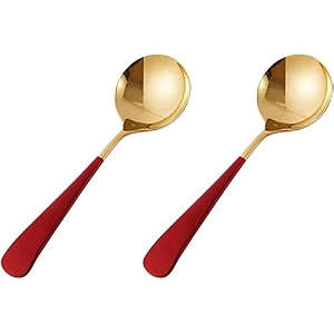 trifecta stainless steel round head spoons with gold plated set of 2 thick short handle soup spoons flatware household tableware mixing stirring spoon dinnerware use for home restaurant pink - 2