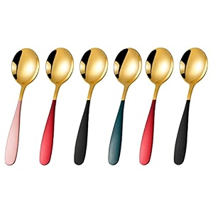 trifecta stainless steel round head spoons with gold plated set of 2 thick short handle soup spoons flatware household tableware mixing stirring spoon dinnerware use for home restaurant pink - 2