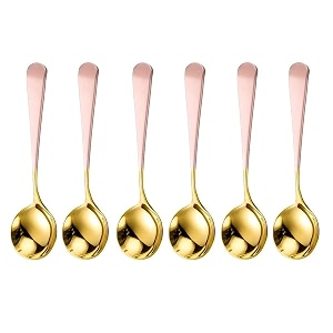 trifecta stainless steel round head spoons with gold plated set of 6 thick short handle soup spoons flatware household tableware mixing stirring spoon dinnerware use for home restaurant pink - 6
