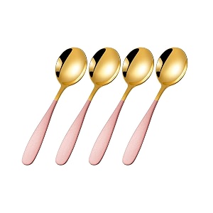 trifecta stainless steel round head spoons with gold plated set of 4 thick short handle soup spoons flatware household tableware mixing stirring spoon dinnerware use for home restaurant pink - 4