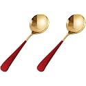 Trifecta Stainless Steel Round Head Spoons with Gold Plated Set of 2 Thick Short Handle Soup Spoons Flatware Household Tableware Mixing Stirring Spoon Dinnerware Use for Home, Restaurant (Pink - 2)