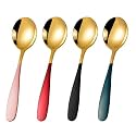 Trifecta Stainless Steel Round Head Spoons with Gold Plated Set of 2 Thick Short Handle Soup Spoons Flatware Household Tableware Mixing Stirring Spoon Dinnerware Use for Home, Restaurant (Pink - 2)