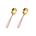 Trifecta Stainless Steel Round Head Spoons with Gold Plated Set of 2 Thick Short Handle Soup Spoons Flatware Household Tableware Mixing Stirring Spoon Dinnerware Use for Home, Restaurant (Pink - 2)