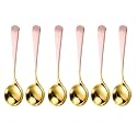 Trifecta Stainless Steel Round Head Spoons with Gold Plated Set of 6 Thick Short Handle Soup Spoons Flatware Household Tableware Mixing Stirring Spoon Dinnerware Use for Home, Restaurant (Pink - 6)