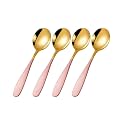 Trifecta Stainless Steel Round Head Spoons with Gold Plated Set of 4 Thick Short Handle Soup Spoons Flatware Household Tableware Mixing Stirring Spoon Dinnerware Use for Home, Restaurant (Pink - 4)