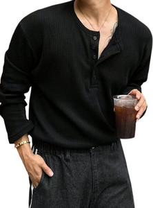 Trillion Men Solid Henley Neck Polyester Black