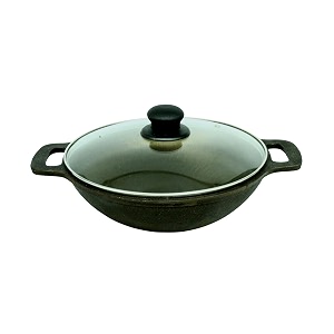 trilonium buttermold pre-seasoned cast iron deep kadhai  wok 105 inches with toughened glass lid