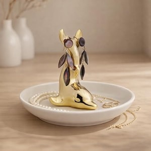 trinketdecorativejewellerykey-coin trayhome dcorringearringneck chain holderreturn giftround white tray with gold figurine dolphin