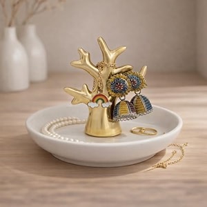 trinketdecorativejewellerykey-coin trayhome dcorringearringneck chain holderreturn giftround white tray with gold figurine tree