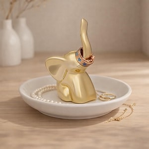 trinketdecorativejewellerykey-coin trayhome dcorringearringneck chain holderreturn giftround white tray with gold figurine baby elephant