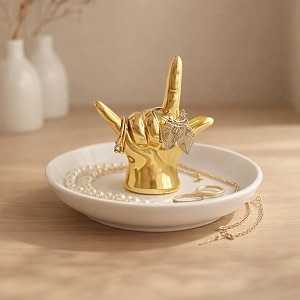 trinketdecorativejewellerykey-coin trayhome dcorringearringneck chain holderreturn giftround white tray with gold figurine hand
