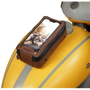 navigator magnetic motorcycle tank pouch with touch-friendly phone holder  anti slip maps navigation pouch compatible with royal enfield honda bajaj tvs jawa triumph - brown amp tobacco