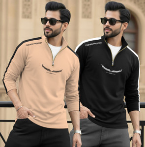 TRIPR Printed Men Henley Neck Beige Black