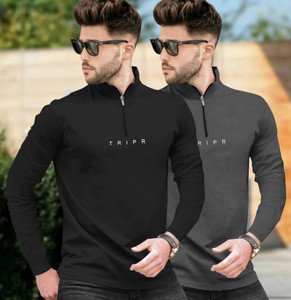 TRIPR Printed Men Henley Neck Black Grey