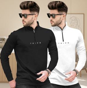 TRIPR Printed Men Henley Neck Black White