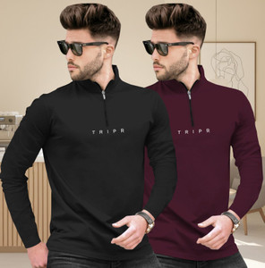 TRIPR Printed Men Henley Neck Black Maroon