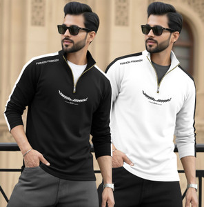 TRIPR Printed Men Henley Neck Black White