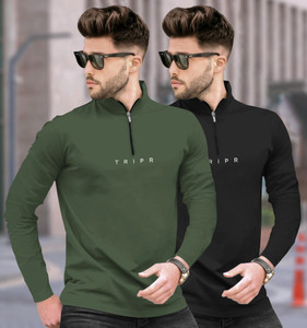 TRIPR Printed Men Henley Neck Dark Green