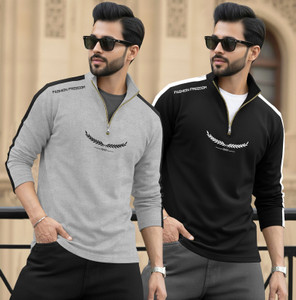 TRIPR Printed Men Henley Neck Grey Black