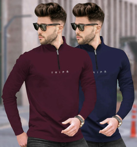 TRIPR Printed Men Henley Neck Maroon Navy