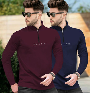 TRIPR Printed Men Henley Neck Maroon Navy