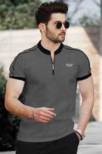 TRIPR Printed Men Mandarin Collar Grey Black