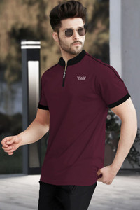 TRIPR Printed Men Mandarin Collar Maroon T-Shirt