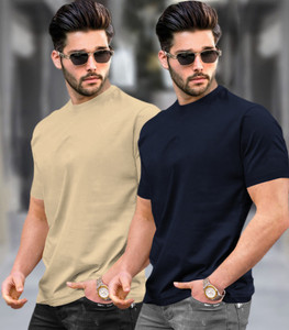 TRIPR Solid Men Beige Navy Blue T-Shirt