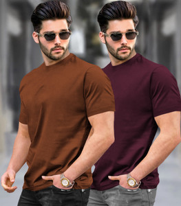TRIPR Solid Men Brown Maroon T-Shirt