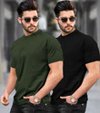 TRIPR Solid Men Dark Green Black T-Shirt