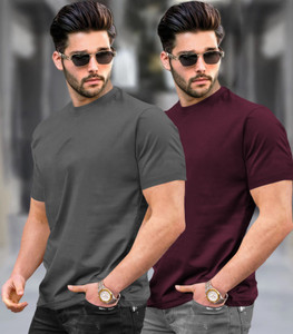 TRIPR Solid Men Grey Maroon T-Shirt