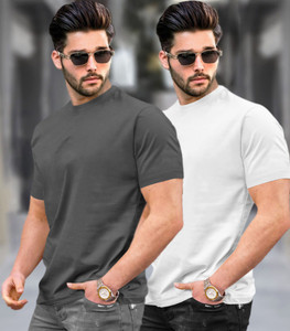 TRIPR Solid Men Grey White T-Shirt