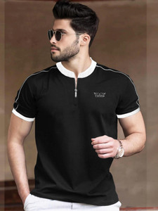 TRIPR Solid Men Henley Neck Black White