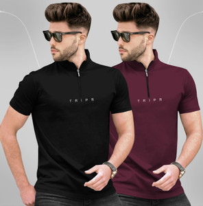 TRIPR Solid Men Henley Neck Black Maroon