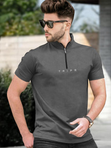 TRIPR Solid Men Henley Neck Grey T-Shirt