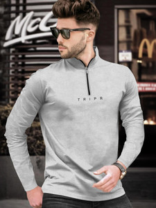 TRIPR Solid Men Henley Neck Grey T-Shirt